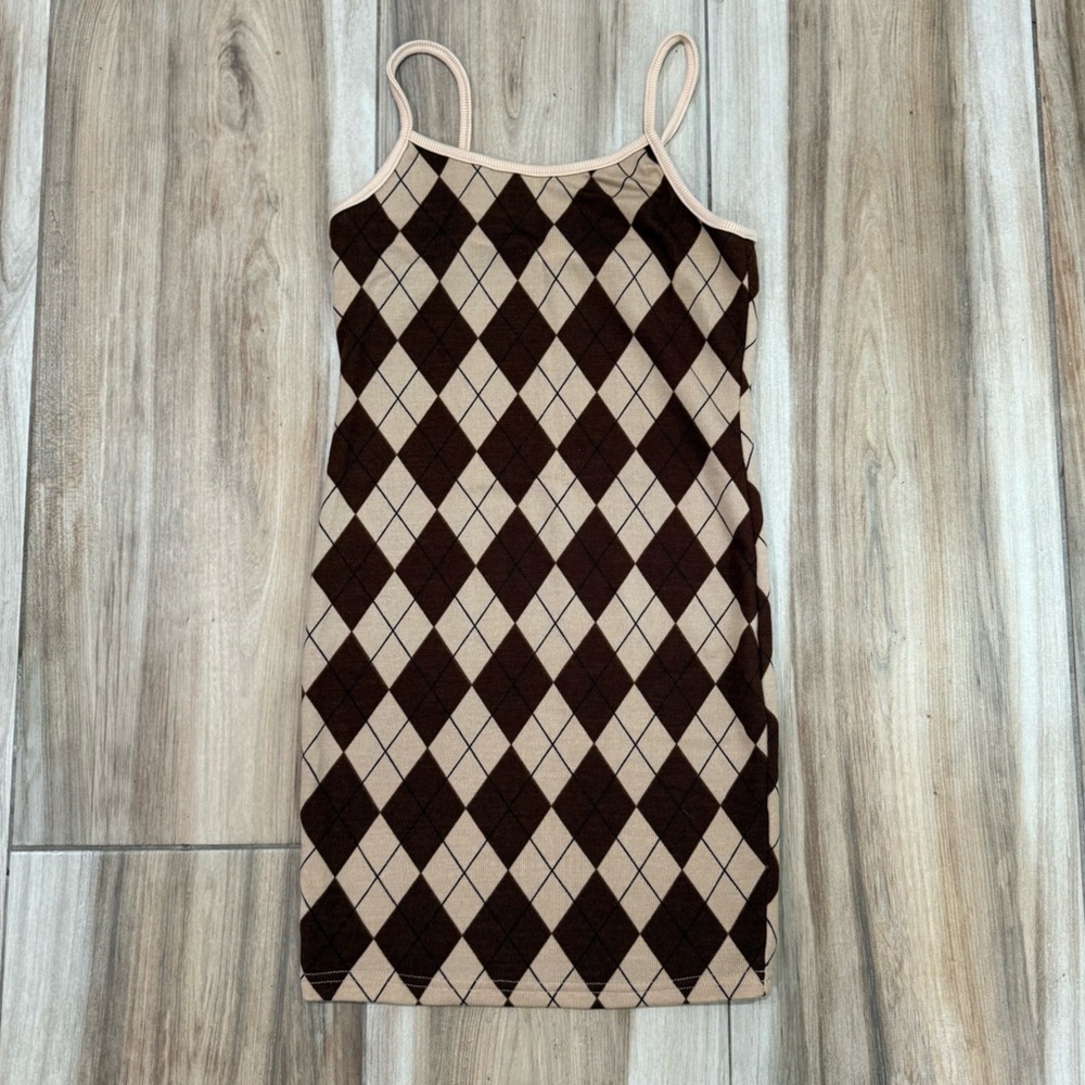 SHEIN Brown and Cream Argyle Knit Top